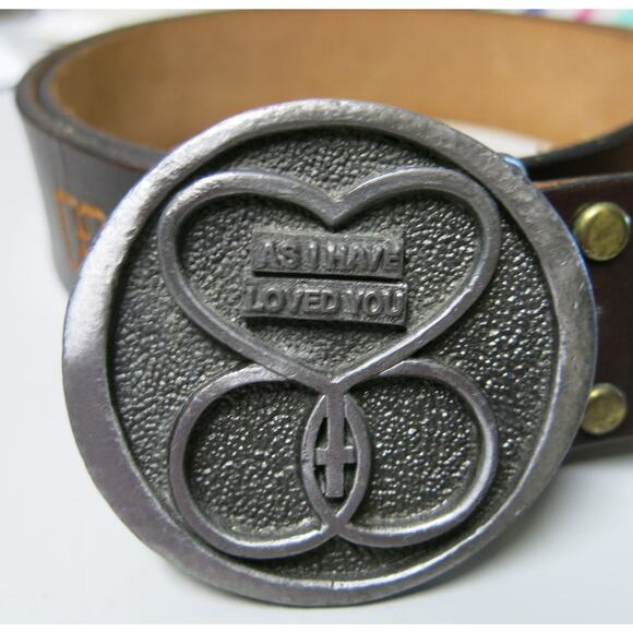 Men's Leather Belt L/XL* Personalized HAL Religious Marriage Silver Buckle Brown - Picture 10 of 11